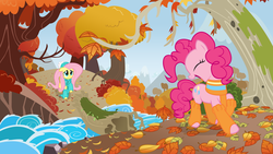 Size: 1920x1080 | Tagged: safe, artist:mick-o-maikeru, fluttershy, pinkie pie, g4, autumn, clothes, happy, hat, leg warmers, scarf