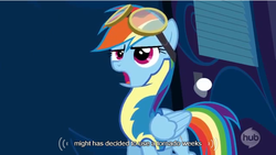 Size: 640x361 | Tagged: safe, screencap, rainbow dash, g4, my little pony: friendship is magic, wonderbolts academy, wonderbolt trainee uniform, youtube caption