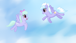 Size: 1920x1080 | Tagged: safe, artist:verminshy, cloudchaser, flitter, g4, flying, happy, sky