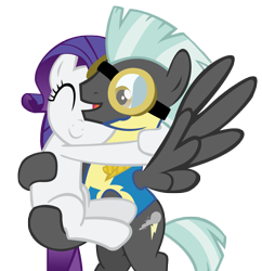 Size: 1545x1599 | Tagged: safe, artist:tardisbrony, rarity, thunderlane, pegasus, pony, g4, wonderbolts academy, carrying, clothes, duo, female, goggles, hug, male, mare, simple background, smiling, stallion, transparent background, uniform, wonderbolt trainee uniform