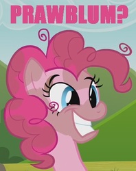 Size: 380x480 | Tagged: safe, edit, edited screencap, screencap, pinkie pie, earth pony, pony, g4, too many pinkie pies, awkward smile, bust, cropped, female, meme, smiling, solo