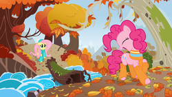 Size: 1920x1080 | Tagged: safe, artist:mick-o-maikeru, fluttershy, pinkie pie, earth pony, pegasus, pony, g4, autumn, beanie, clothes, eye, eyes, female, hat, leaves, leg warmers, log, mare, open mouth, river, scarf, smiling, socks, stream, tree
