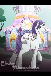 Size: 585x862 | Tagged: safe, artist:pocki07, opalescence, rarity, g4, alexanderite, carousel boutique, elusive, riding, rule 63