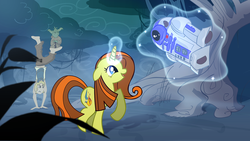 Size: 1920x1080 | Tagged: safe, artist:vest, oc, oc only, human, pony, robot, unicorn, balancing, crossover, female, glowing horn, handstand, horn, looking up, luke skywalker, magic, male, mare, r2-d2, raised hoof, smiling, star wars, telekinesis, upside down, yoda