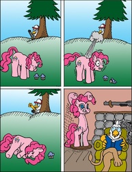 Size: 585x756 | Tagged: safe, artist:jberg18, pinkie pie, griffon, g4, abuse, comic, cupcake, hunter, murder, parody, pinkiebuse, taxidermy, the far side