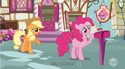 Size: 641x355 | Tagged: safe, screencap, applejack, pinkie pie, g4, wonderbolts academy, youtube caption