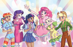 Size: 1400x906 | Tagged: dead source, safe, artist:krisrix, applejack, fluttershy, pinkie pie, rainbow dash, rarity, twilight sparkle, human, g4, belly button, clothes, dark skin, dress, humanized, light skin, mane six, midriff, skirt