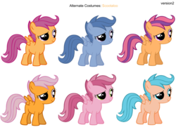 Size: 900x675 | Tagged: safe, artist:pika-robo, archer (character), peachy petal, ruby pinch, scootablue, scootaloo, scootaloo (g3), g3, g4, alternate clothes, costume, palette swap, recolor, simple background, transparent background