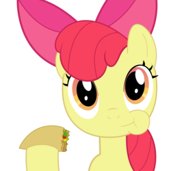 Size: 1024x1024 | Tagged: safe, artist:bleutaco, apple bloom, earth pony, pony, g4, chewing, eating, female, filly, foal, ponies eating meat, puffy cheeks, simple background, solo, taco, transparent background