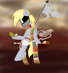 Size: 3812x4098 | Tagged: safe, artist:tixolseyerk, derpy hooves, pegasus, pony, g4, bandage, clock, clothes, doctor who, female, fourth doctor's scarf, mare, mask, pocket watch, polearm, psychic paper, scarf, sonic screwdriver, striped scarf, weapon