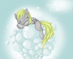 Size: 3116x2536 | Tagged: safe, artist:sahikari, derpy hooves, pony, g4, bubble, female, filly, foal, pony baby, signature, sleeping, solo