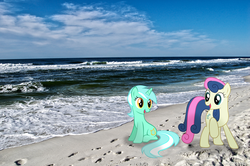 Size: 3008x2000 | Tagged: safe, artist:nattsu-san, bon bon, lyra heartstrings, sweetie drops, g4, beach, ponies in real life, smiling, vector