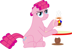 Size: 994x689 | Tagged: safe, artist:alkemyfreak, pinkie pie, earth pony, pony, g4, coffee, female, hair curlers, morning ponies, mug, solo