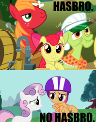 Size: 500x631 | Tagged: safe, apple bloom, big macintosh, granny smith, scootaloo, sweetie belle, earth pony, pony, g4, comic, hasbro, image macro, male, pun, stallion