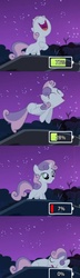 Size: 500x1732 | Tagged: safe, edit, edited screencap, screencap, sweetie belle, pony, robot, unicorn, g4, sleepless in ponyville, battery, comic, eyes closed, female, filly, foal, hooves, horn, jumping, lying down, night, night sky, open mouth, sitting, sky, sleeping, solo, standing, stars, sweetie bot, teeth, tree