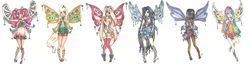 Size: 8457x2227 | Tagged: safe, artist:utaste1513, applejack, fluttershy, pinkie pie, rainbow dash, rarity, twilight sparkle, fairy, human, g4, barefoot, clothes, dark skin, dress, enchantix, fairies, fairies are magic, fairy wings, fairyized, feet, humanized, midriff, parody, rainbow dash always dresses in style, skinny, skirt, thin, winged humanization, wings, winx, winx club, winxified