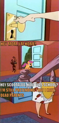 Size: 685x1413 | Tagged: safe, scootaloo, human, pegasus, pony, g4, comic, cow and chicken, feet, image macro, mom (cow and chicken), scootachicken