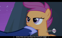 Size: 1024x640 | Tagged: safe, screencap, princess luna, scootaloo, g4, sleepless in ponyville, comforting, female, filly, foal, hoof under chin, hub logo, mare, night, youtube caption