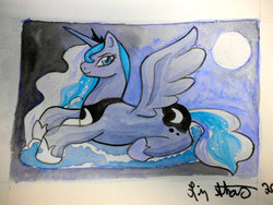 Size: 800x600 | Tagged: safe, artist:lizstaley, princess luna, pony, g4, cloud, female, moon, prone, solo, traditional art