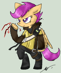 Size: 481x575 | Tagged: safe, artist:lucas47-46, scootaloo, pegasus, pony, g4, bipedal, clothes, cole macgrath, crossover, female, infamous, mare, older, parody, solo