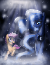 Size: 1300x1700 | Tagged: safe, artist:phendyl, princess luna, scootaloo, g4