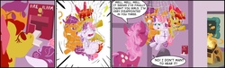 Size: 3715x1127 | Tagged: safe, artist:dunnstar, apple bloom, cheerilee, scootaloo, sweetie belle, earth pony, pony, g4, comic, cutie mark crusaders, fire, fire alarm, net, perry bible fellowship, ponified