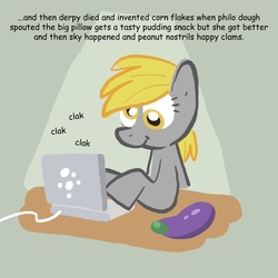 Size: 1000x1000 | Tagged: safe, derpy hooves, pegasus, pony, g4, computer, eggplant, fanfic, female, laptop computer, mare