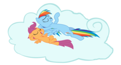 Size: 1024x550 | Tagged: safe, artist:scootaloo24, rainbow dash, scootaloo, g4, chillaxing, cloud, eyes closed, on back, simple background, transparent background, vector