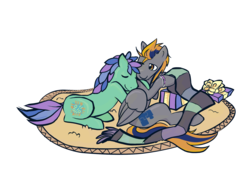 Size: 2362x1649 | Tagged: safe, artist:kna, oc, oc only, oc:e the pony, oc:greyscarf, earth pony, pegasus, pony, e the pony, gay, greyscarf, hug, male, present, rug, stallion