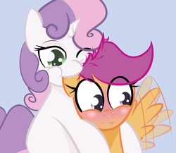 Size: 2300x2000 | Tagged: dead source, safe, artist:kryptchild, scootaloo, sweetie belle, pegasus, pony, unicorn, g4, blushing, cute, ear bite, female, horn, lesbian, nom, ship:scootabelle, shipping