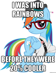 Size: 550x715 | Tagged: safe, artist:crimsonlynx97, edit, rainbow dash, pegasus, pony, g4, 20% cooler, before it was cool, button-up shirt, clothes, female, glasses, hat, hipster, image macro, impact font, mare, pencil, pencil behind ear, rainbow dork, raised hoof, text, trilby