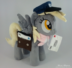 Size: 1827x1731 | Tagged: safe, artist:zizzaz, derpy hooves, pony, g4, accessory, bags, clothes, hat, irl, letter, mailmare, photo, plushie, scarf, solo