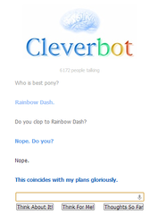 Size: 369x520 | Tagged: safe, rainbow dash, g4, best pony, cleverbot, clop, meme, no pony, nope, text