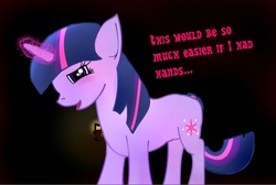 Size: 597x401 | Tagged: safe, twilight sparkle, pony, unicorn, g4, blushing, dialogue, female, glowing horn, horn, mare, solo, unicorn twilight