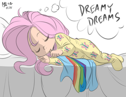 Size: 674x521 | Tagged: safe, artist:allosaurus, artist:megasweet, fluttershy, human, g4, bed, clothes, footed sleeper, footie pajamas, humanized, onesie, pajamas, sleeping, younger