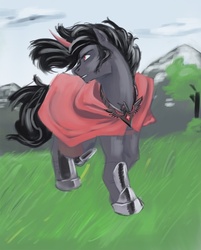 Size: 540x670 | Tagged: safe, artist:aragarh, king sombra, pony, g4, alicorn amulet, cape, clothes, grass, male, red eyes, solo