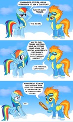 Size: 1788x2994 | Tagged: safe, artist:ginger fig, rainbow dash, spitfire, g4, wonderbolts academy, clothes, cloud, cloudy, comic, hazing, hilarious in hindsight, imminent spanking, implied spanking, paddle, uniform, wonderbolt trainee uniform, wonderbolts, wonderbolts uniform