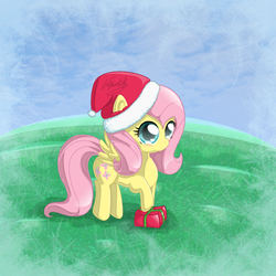 Size: 800x800 | Tagged: safe, artist:slinkycraft, fluttershy, pegasus, pony, g4, christmas, female, mare, present, signature, solo