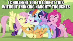 Size: 1280x715 | Tagged: safe, edit, edited screencap, screencap, applejack, fluttershy, pinkie pie, rainbow dash, rarity, twilight sparkle, earth pony, pegasus, pony, unicorn, g4, caption, female, image macro, mare, out of context, text