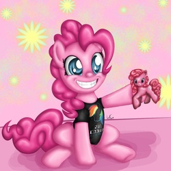 Size: 1200x1200 | Tagged: safe, artist:scrimpeh, artist:slinkycraft, pinkie pie, rainbow dash, g4, brony, clothes, female, shirt, toy