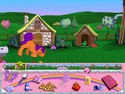 Size: 800x600 | Tagged: safe, oc, oc only, butterfly, earth pony, frog, pony, g2, my little pony: friendship gardens, apple, book, camera, female, food, grazing, juice, mare, nuzzling, pc game, pizza, tree, video game