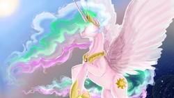 Size: 1360x768 | Tagged: safe, artist:finalchara, princess celestia, pony, g4, female, glowing eyes, rearing, solo