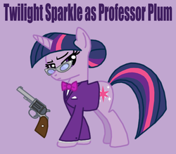 Size: 576x504 | Tagged: safe, artist:death-driver-5000, twilight sparkle, g4, clue, cluedo, crossover, glasses, gun, handgun, professor plum, revolver