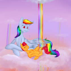 Size: 3200x3200 | Tagged: safe, artist:themaliciouskitty, rainbow dash, scootaloo, pegasus, pony, g4, blushing, cloud, duo, duo female, eyes closed, female, filly, rainbow, rainbow falls (location), scootalove, smiling