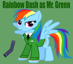 Size: 576x504 | Tagged: safe, artist:death-driver-5000, rainbow dash, g4, clue, cluedo, crossover, lead pipe, mr. green, pipe (plumbing), weapon