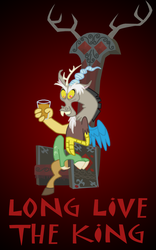 Size: 720x1152 | Tagged: safe, artist:death-driver-5000, discord, draconequus, g4, crossed legs, discord's throne, drinking glass, gradient background, male, red background, simple background, sitting, the lion king, throne