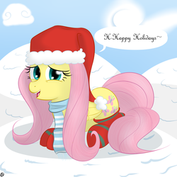 Size: 1600x1600 | Tagged: safe, artist:terra-aquis, fluttershy, pony, g4, clothes, female, hat, santa hat, scarf, snow, socks, solo, striped socks