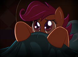 Size: 1000x734 | Tagged: safe, artist:gsphere, scootaloo, pegasus, pony, g4, bed, blanket, covering face, covers, female, filly, foal, hiding, hiding face, scared, signature, solo