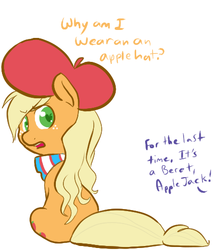 Size: 433x501 | Tagged: safe, artist:mt, applejack, earth pony, pony, g4, beret, female, french, simple background, sitting, solo