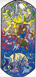 Size: 450x951 | Tagged: dead source, safe, artist:waasaabi, discord, princess celestia, princess luna, g4, stained glass, traditional art